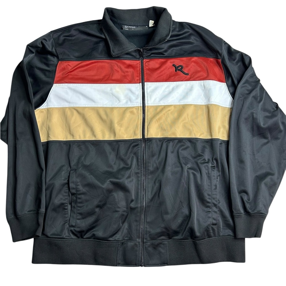 Rocawear Men’s Track Jacket 3X Black Red‎ Tan White Colorblock Zip Front Hip Hop